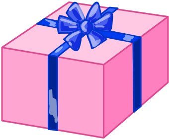 pink box with blue ribbon and bow