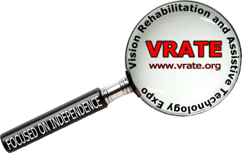 VRATE LOGO- Magnifying glass with VRATE in red block letters in the center
